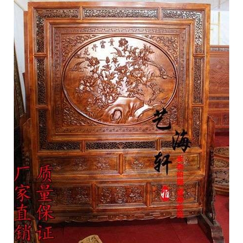东阳木雕插屏 木雕落地插屏 香樟木屏风 花开富贵 BX004
