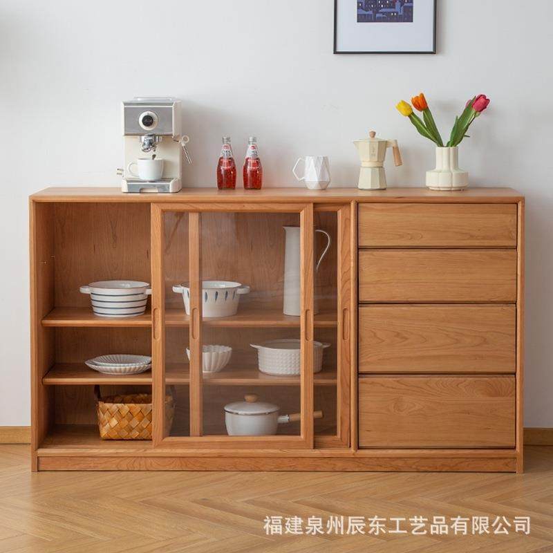 北欧实木餐边柜家用客厅多功能碗橱收纳柜民宿简约落地玻璃茶水柜