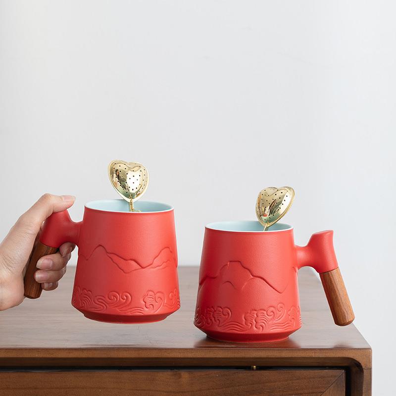 创意国潮陶瓷杯黑陶马克杯简约带勺子泡茶杯个性家用情侣对杯名字