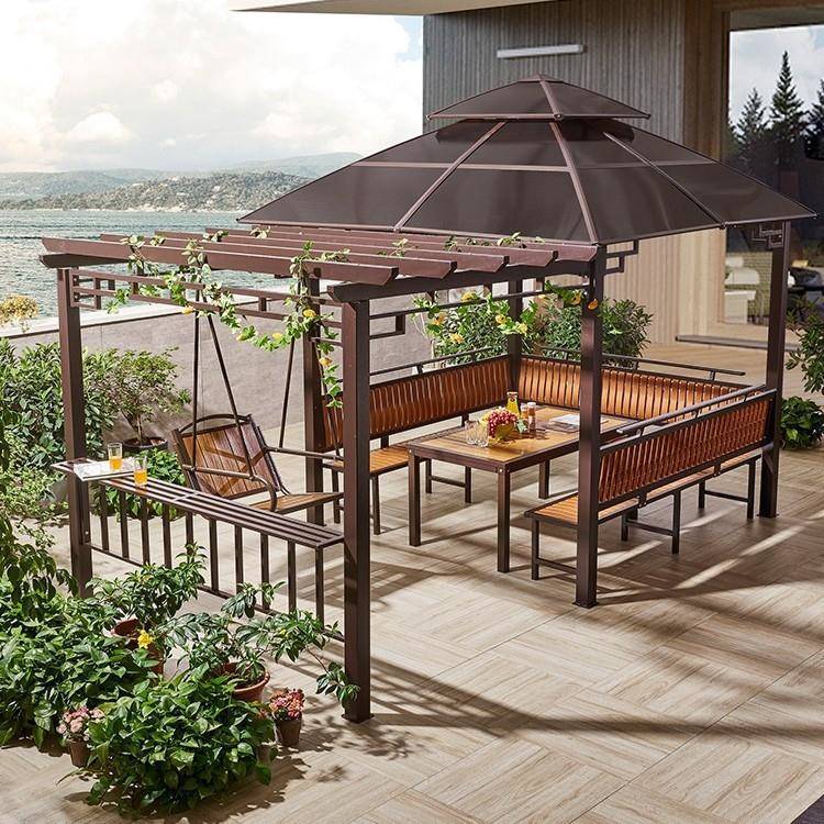 葡萄架庭院阳光板户外简易遮阳遮雨棚铁艺桌椅室外阳台秋千凉亭