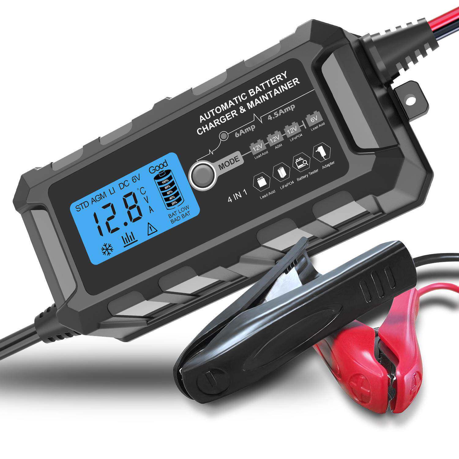 12V蓄电池充电器14.4V4.5A铁锂液晶4合1汽车检测12V6ADC适配器