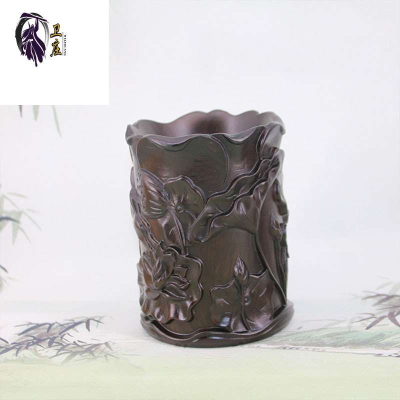 黑檀雕刻笔筒 复古创意木头质 办公书桌用品 中式艺品摆件