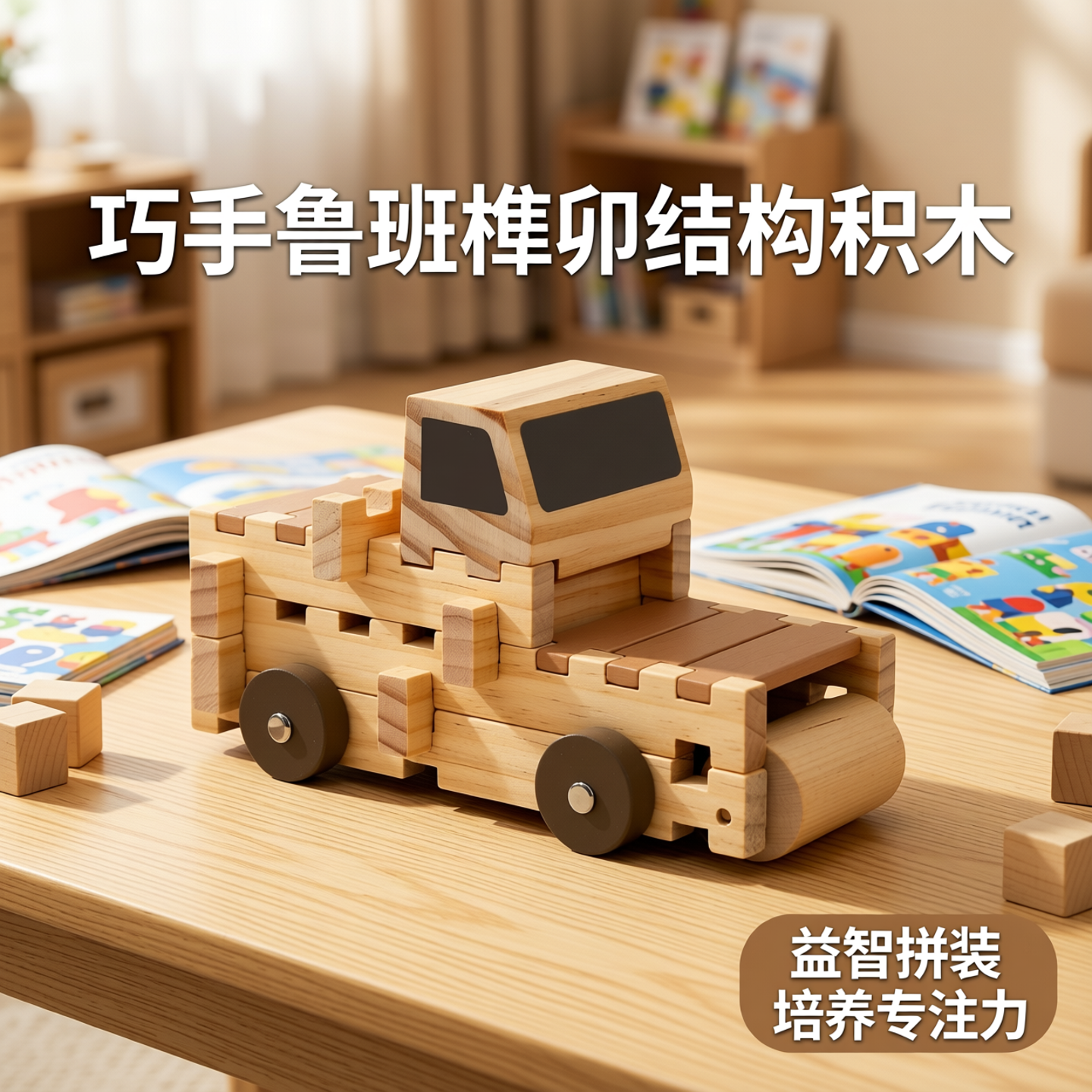 巧手鲁班榫卯结构积木儿童益智拼装图木质建筑汽车大颗粒玩具礼物