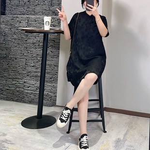 胖mm小黑裙 盘扣改良旗袍连衣裙大码 高端国风2024夏季 女提花新中式