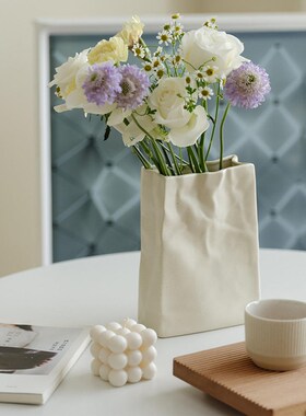 Tys简约奶油皱褶手捏纸袋花瓶高级摆件插花水培鲜花客厅餐厅装饰