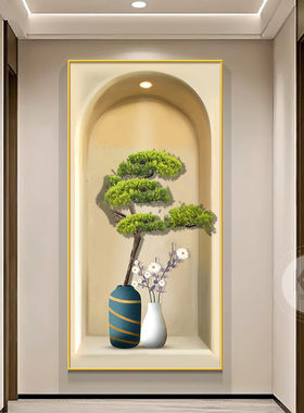 轻奢入户玄关装饰画走廊尽头过道挂画新款光影绿植高级感客厅壁画