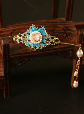 儿童汉服小发冠古风流苏步摇公主丸子头饰烧蓝女童古装发簪配饰品