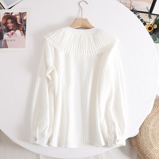 阔法式娃娃领长袖大领衬衫女2024秋季气质设计感白色荷叶边小衫
