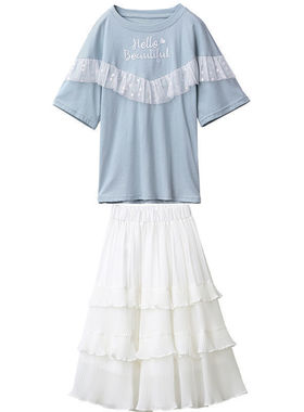 女童夏季纯棉连衣裙半身薄款蛋糕雪纺大童女孩两件套装过膝长裙子