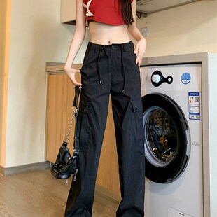 大码黑色抽绳美式工装裤女款显瘦梨型身材休闲裤子设计感女小众潮