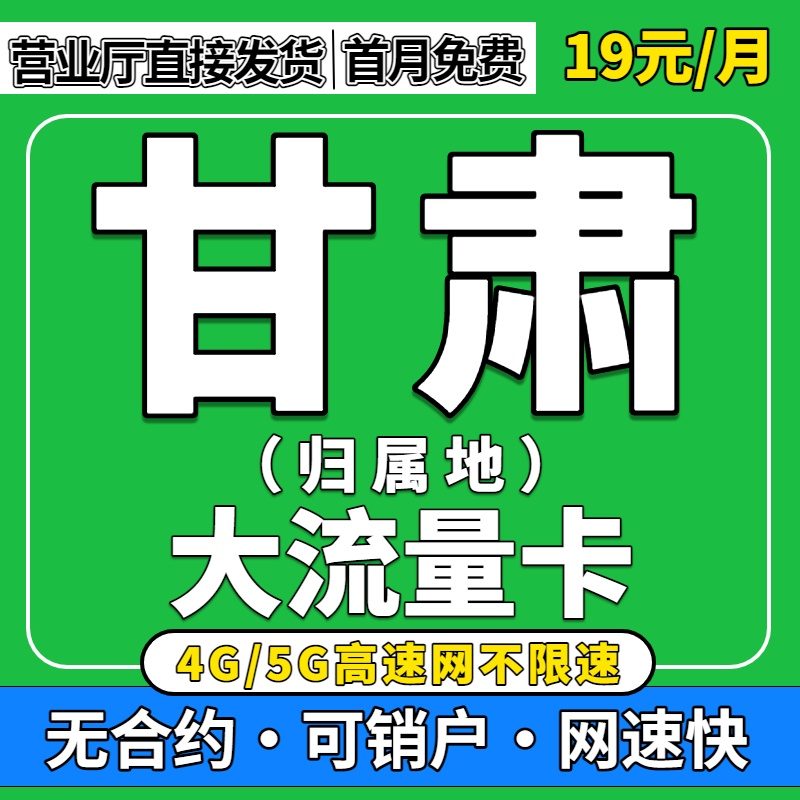 甘肃归属地全国通用限量5G流量卡无纯上网手机卡联通大流量电话卡