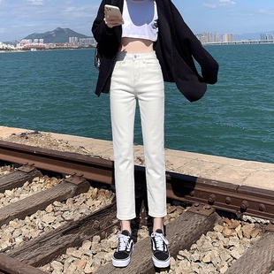 秋冬季加绒米白色直筒牛仔裤女士梨形小个子高腰显瘦八九分烟管裤