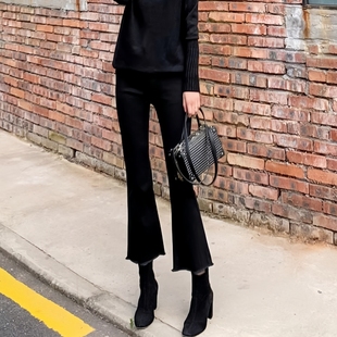 黑色微喇牛仔裤女秋冬季加绒直筒七八九分韩版高腰弹力显瘦喇叭裤