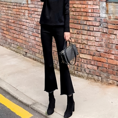 不掉色弹力微喇叭裤七八九分长裤