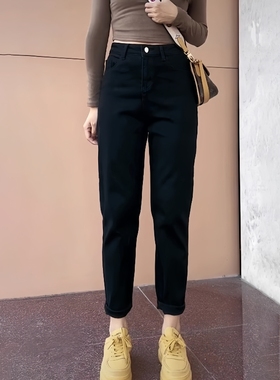 黑色哈伦牛仔裤女秋冬季加绒遮胯大码胖mm2025新款梨形老爹萝卜裤
