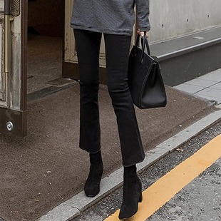 毛边微喇叭牛仔裤女秋冬季加绒黑色高腰显瘦小个子七八九分喇叭裤