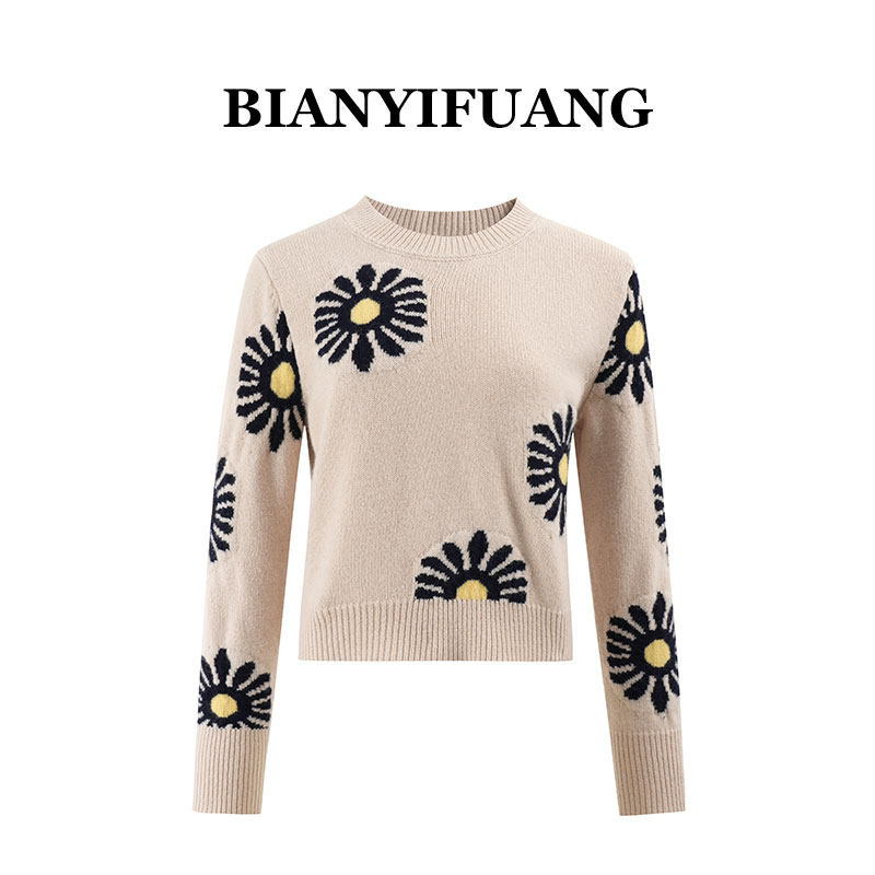 BIANYIFUANG2026秋冬季新款甜美优雅雏菊针织提花气质羊毛毛衣女