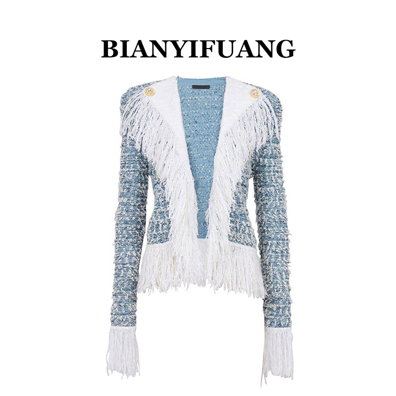 BIANYIFUANG蓝色流苏粗花呢V领外套女2026秋季小香风气质名媛上衣