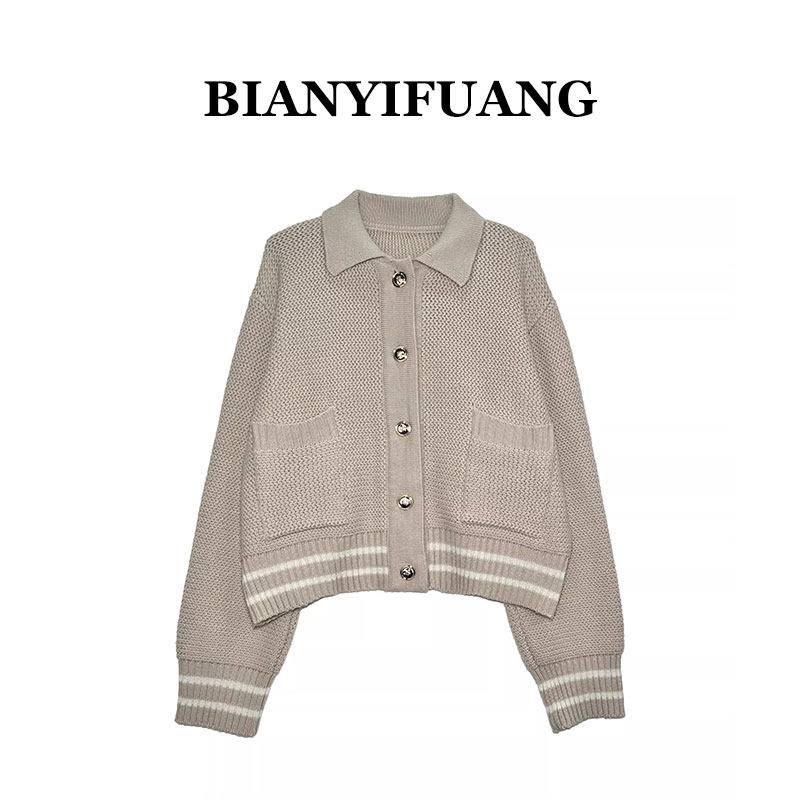 BIANYIFUANG2026秋冬polo领长袖长袖毛衣针织单排扣羊毛开衫外套