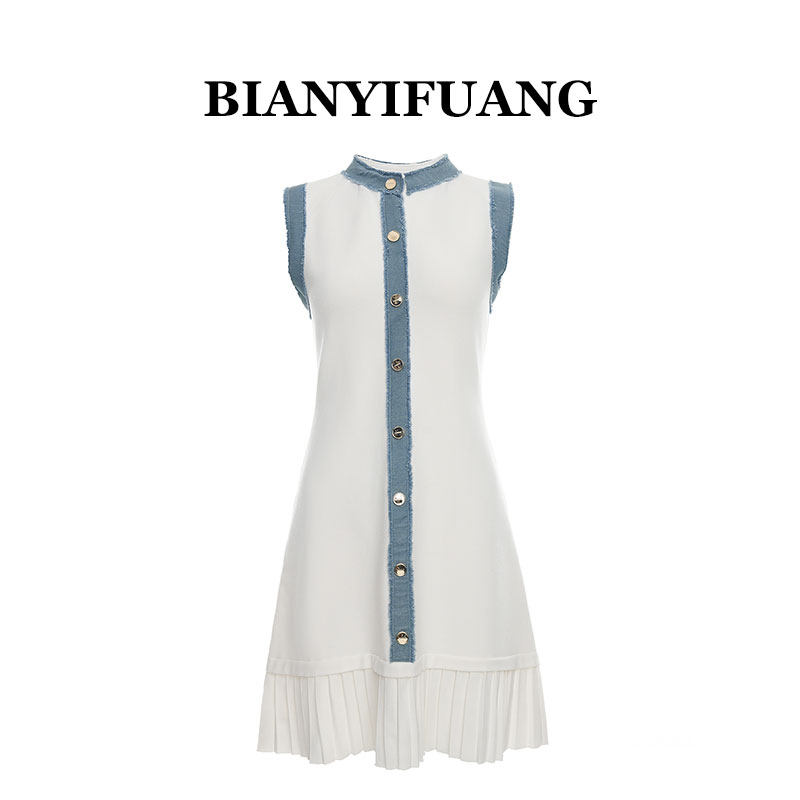 BIANYIFUANG春夏新款洋气拼接牛仔针织背心无袖时尚百褶连衣裙女
