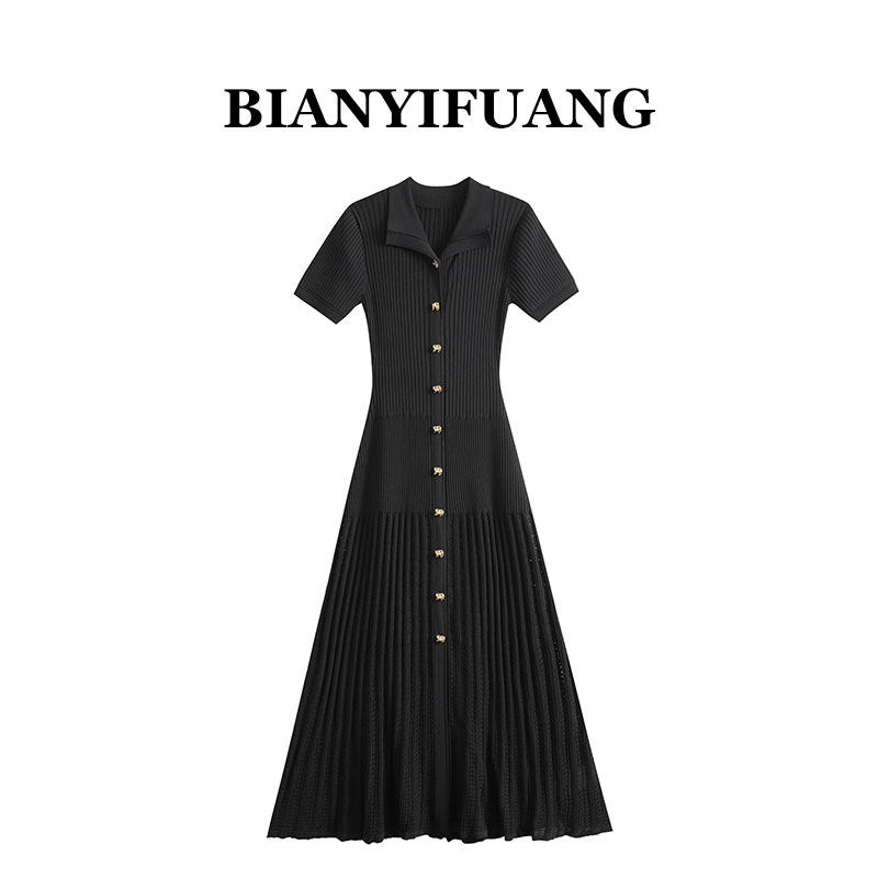 BIANYIFUANG新款26女polo领套头气质连衣裙镂空针织收腰包臀长裙