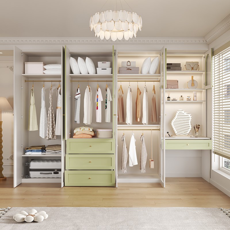 美式田园奶油风梳妆台衣柜一体平开门大容量卧室化妆桌储物柜定制