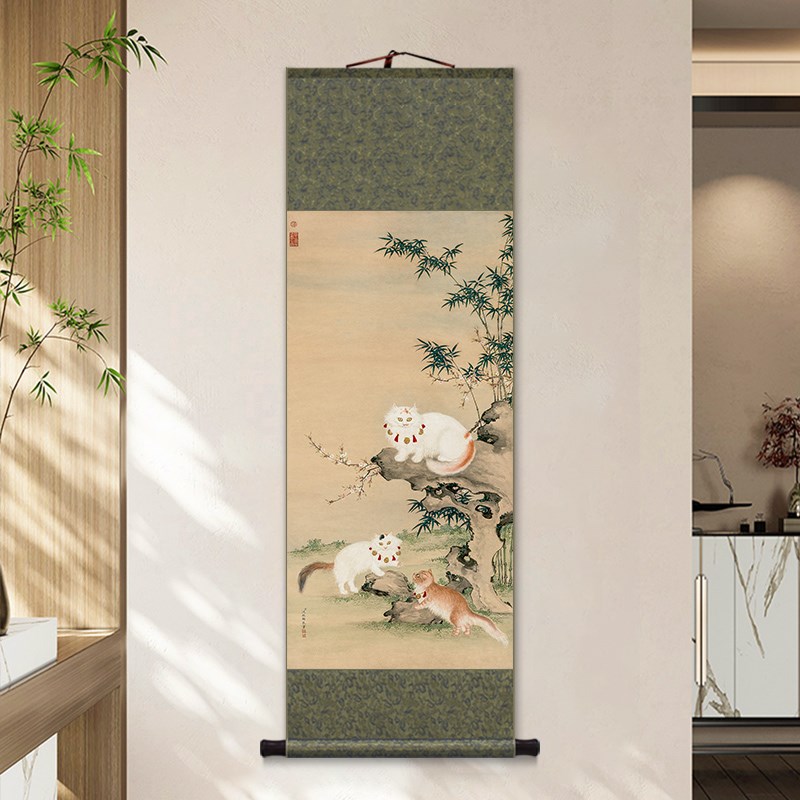 名画猫竹图卷轴挂画新中式客厅装饰画餐厅茶室玄关画仙鹤双兔壁画