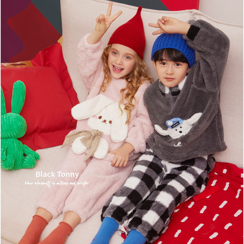 小黑托昵冬男女童三层加厚加绒夹棉睡衣小黑托昵珊瑚绒家居服套装