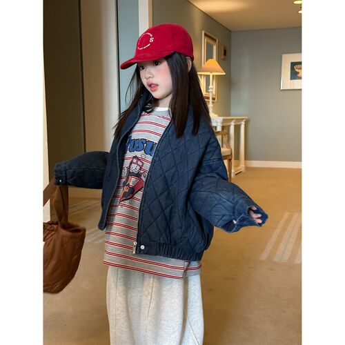 Harper kids韩版秋冬覆古菱形格宽松牛仔衣女童保暖加棉工装外套