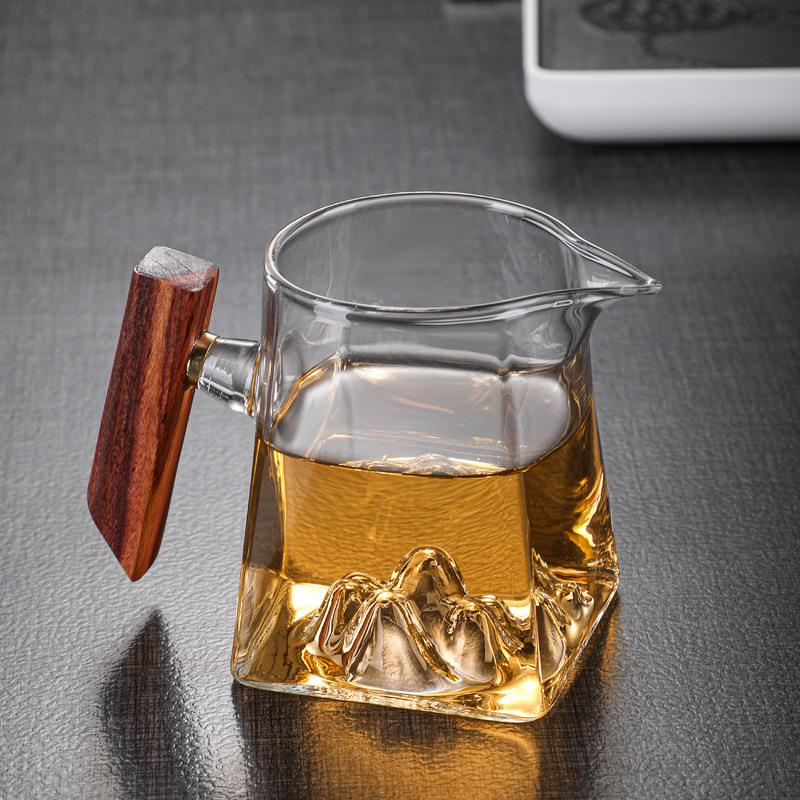 玻璃观山公道杯茶漏一体套装分茶器带手柄加厚木把四方底公杯茶海
