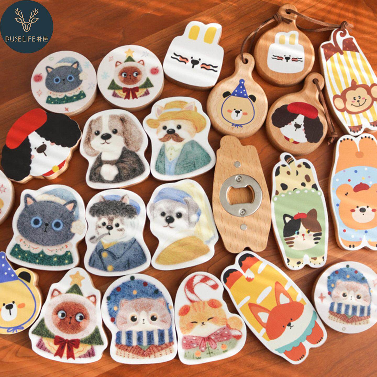 彩印定制文创卡通趣味动物实木磁吸开瓶器冰箱贴家用啤酒启子开盖