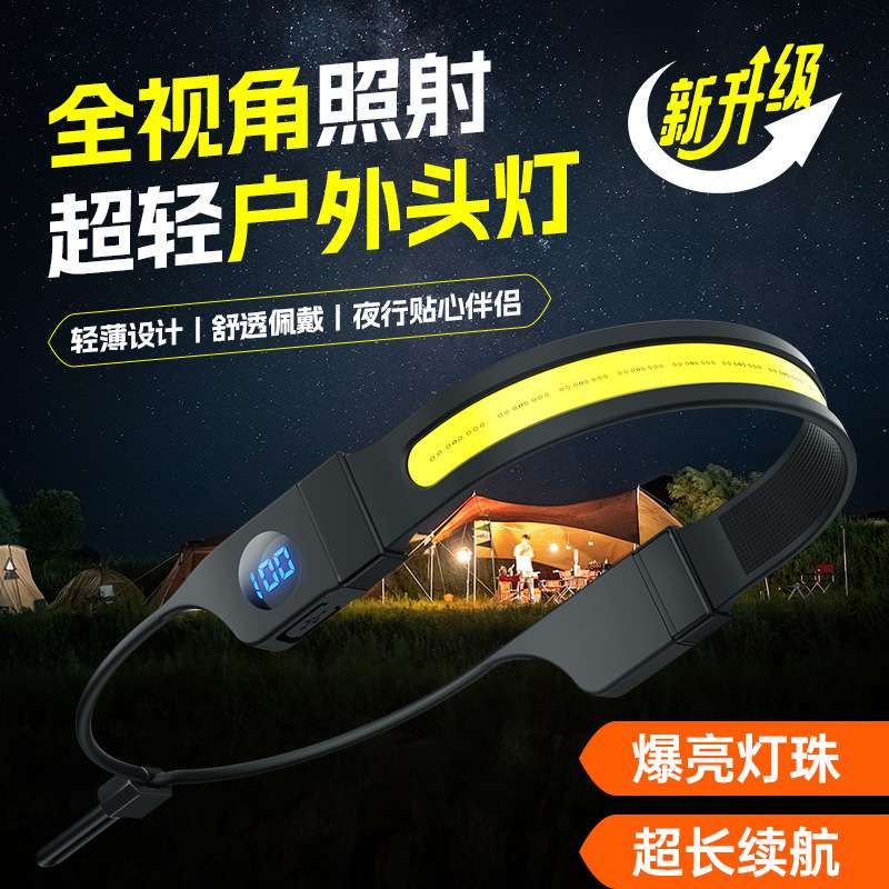 新款双光源硅胶大泛光COB头灯智能电显充电户外多功能跑步头戴灯
