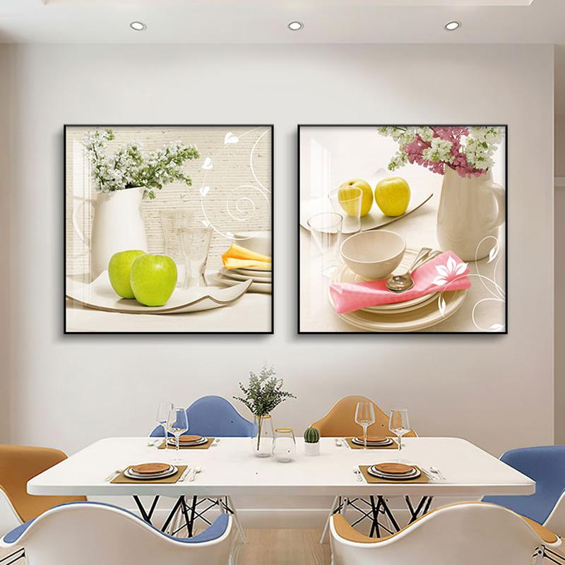 新中式免打孔客厅二联画餐厅装饰画现代简约饭厅壁画风背景墙挂画