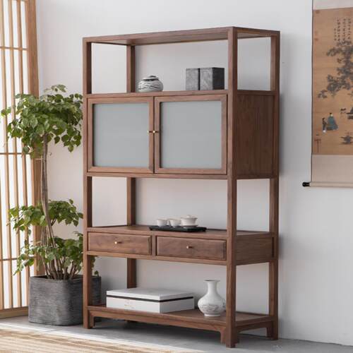 新中式实木博古架老榆木置物架茶室禅意黑胡桃展示架书房书柜书博 - 封面