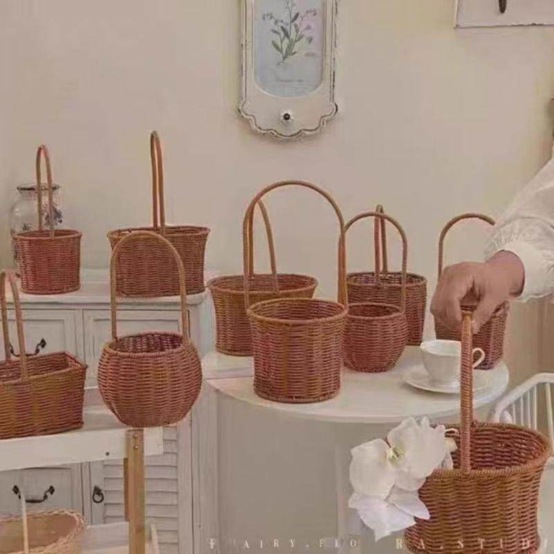 藤编手提插花花艺仿藤手工编织花店柳编花篮客厅摆件拍照田园篮子