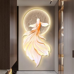饰画轻奢客厅走廊过道竖版 富贵鱼玄关装 挂画吉祥锦鲤LED灯画高档