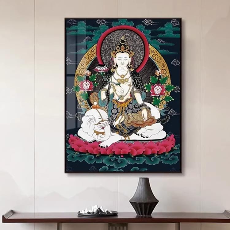 普贤菩萨唐卡佛像挂画划玄关装饰画划佛堂三圣画划像西藏喷绘复制