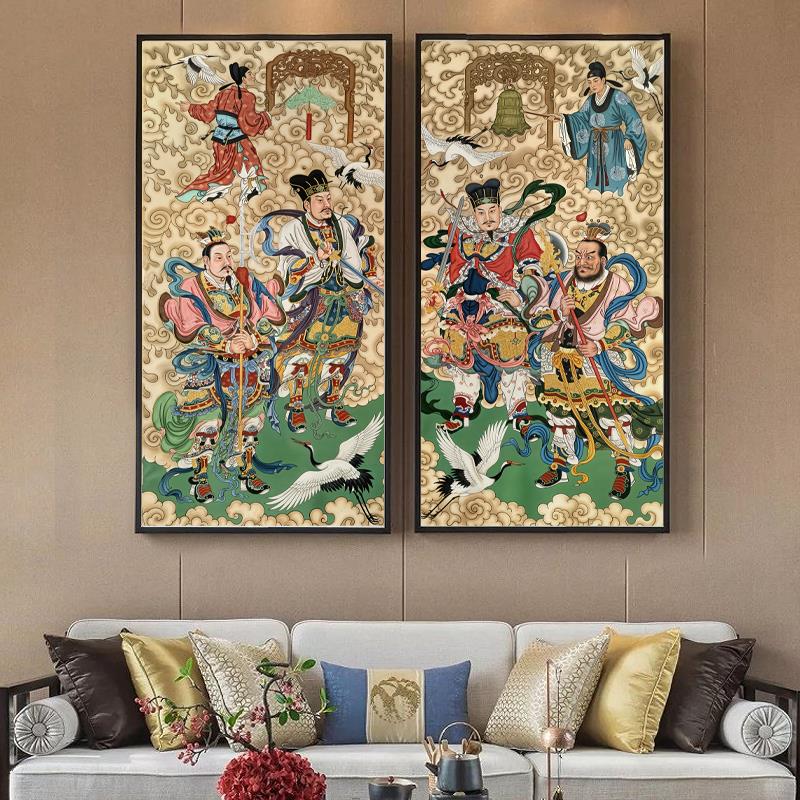 禅意东方竖版新中式大气人物客厅沙发装饰画玄关过道覆古背景挂画