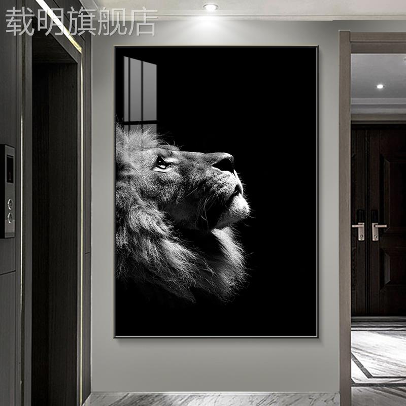 狮子装饰画动物老虎壁画大象玄关画客厅沙发轻奢风高级感黑白挂画图片
