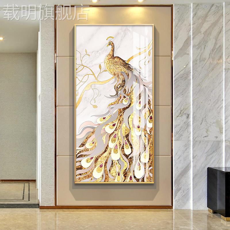 现代简约玄关装饰画竖版新中式正对门墙面挂画走廊轻奢孔雀画壁画图片
