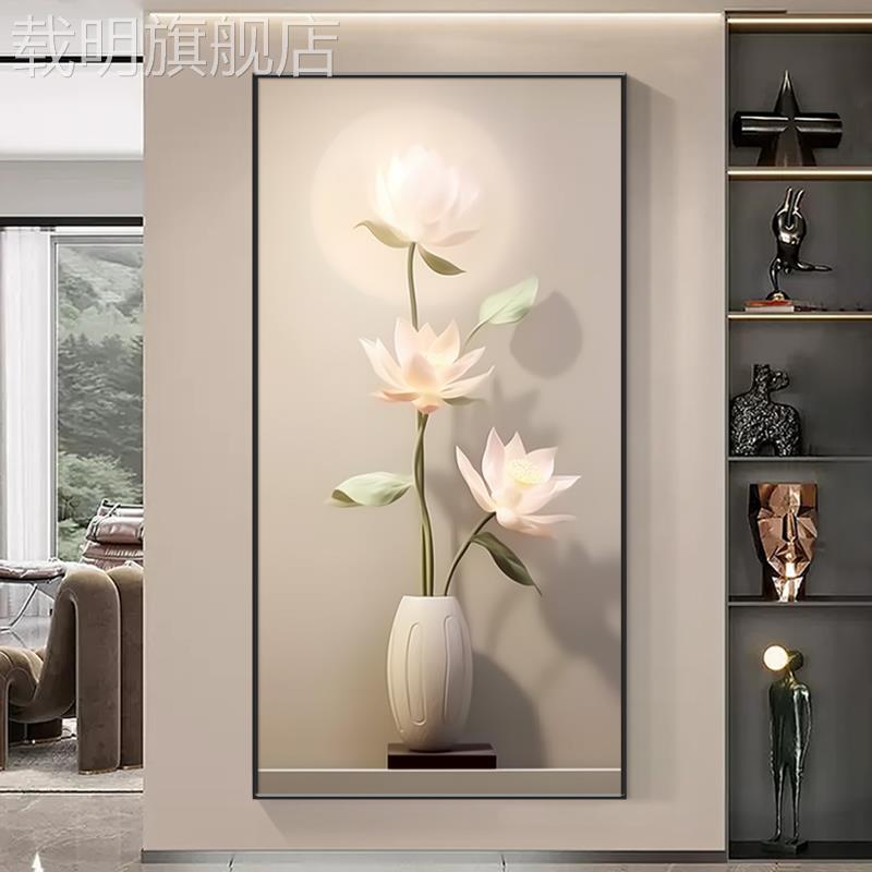 现代简约荷花玄关挂画新中式装饰画入户过道走廊尽头高档禅意壁画图片