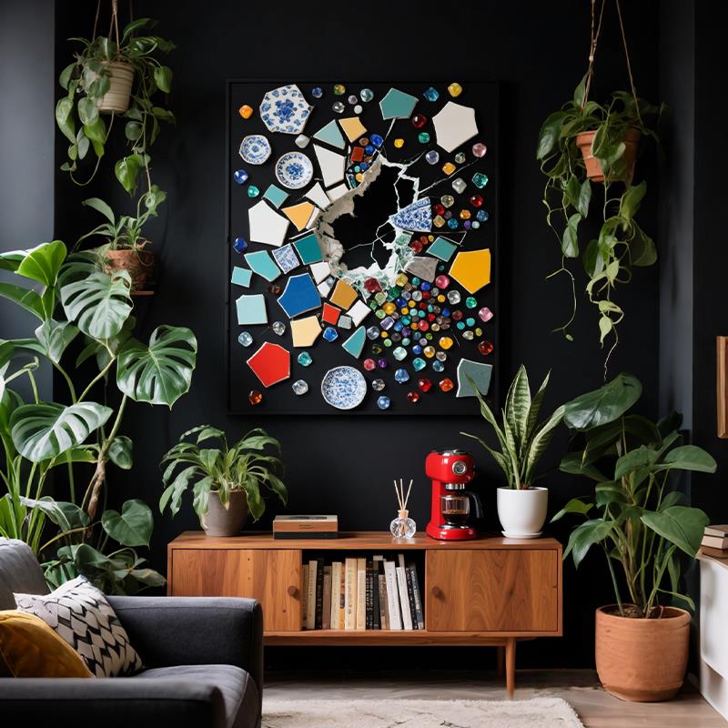 《破界生花》意式极简轻奢客厅餐厅装饰画小众艺术平面喷绘瓷片画