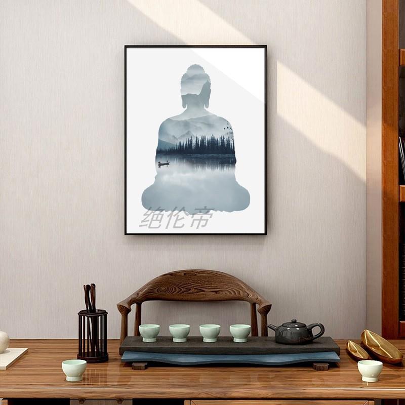 新中式水墨山水装饰画玄关茶室茶艺馆养生馆背景墙禅意佛像装饰画