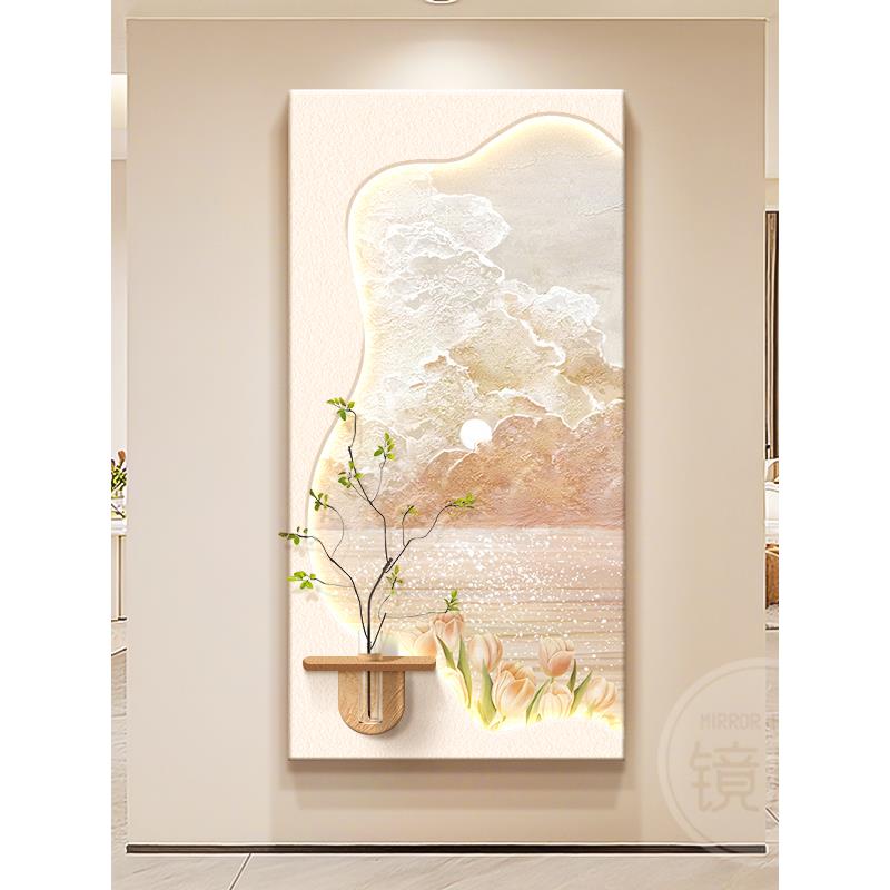 奶油风入户玄关装饰画带灯海景砂岩肌理画高级感走廊过道感应挂画