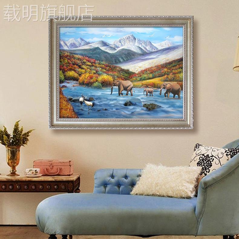 欧式大象过河横雪山风景画客厅装饰画玄关卧室餐厅书房挂画单幅图片