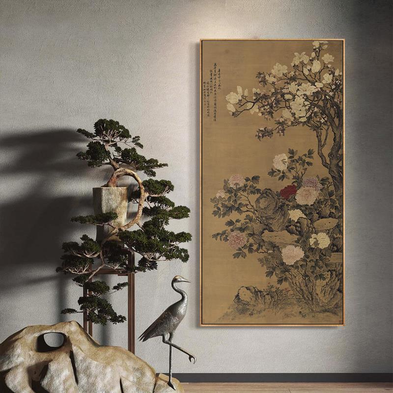 玉堂富贵图新中式玄关装饰画竖版古典花鸟壁画客厅茶室禅意挂画框