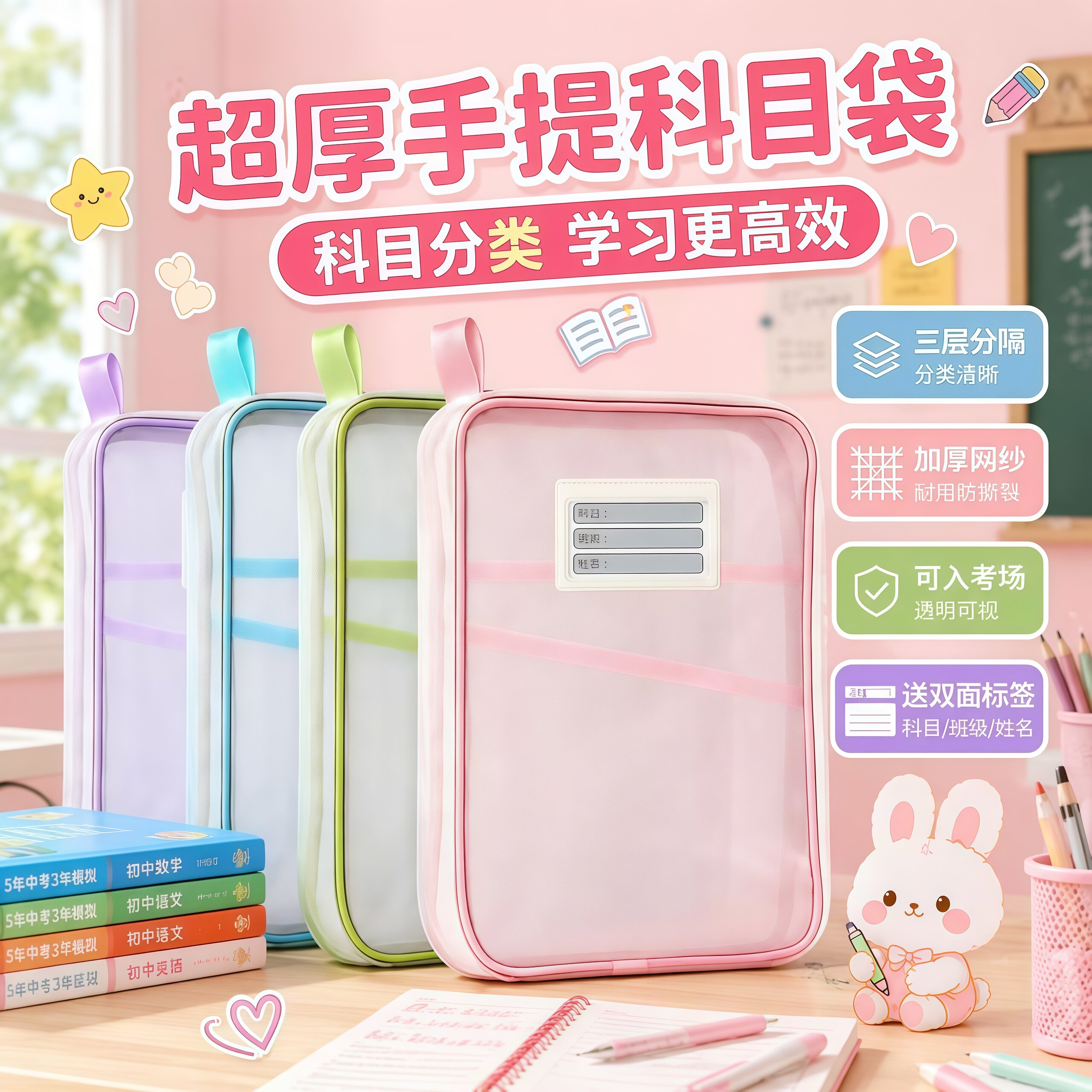 L型大开口网纱拉链小学生拎书袋