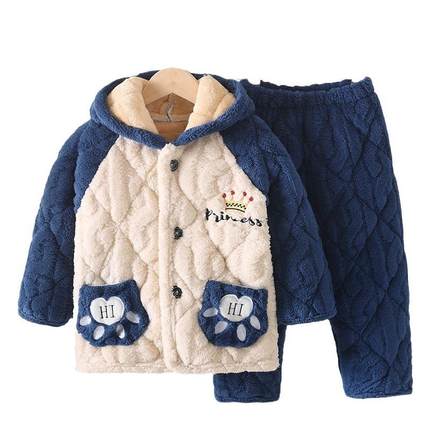 湖南省服儿童三层夹棉睡衣可外穿冬季加绒加厚保暖家居服套装冬款