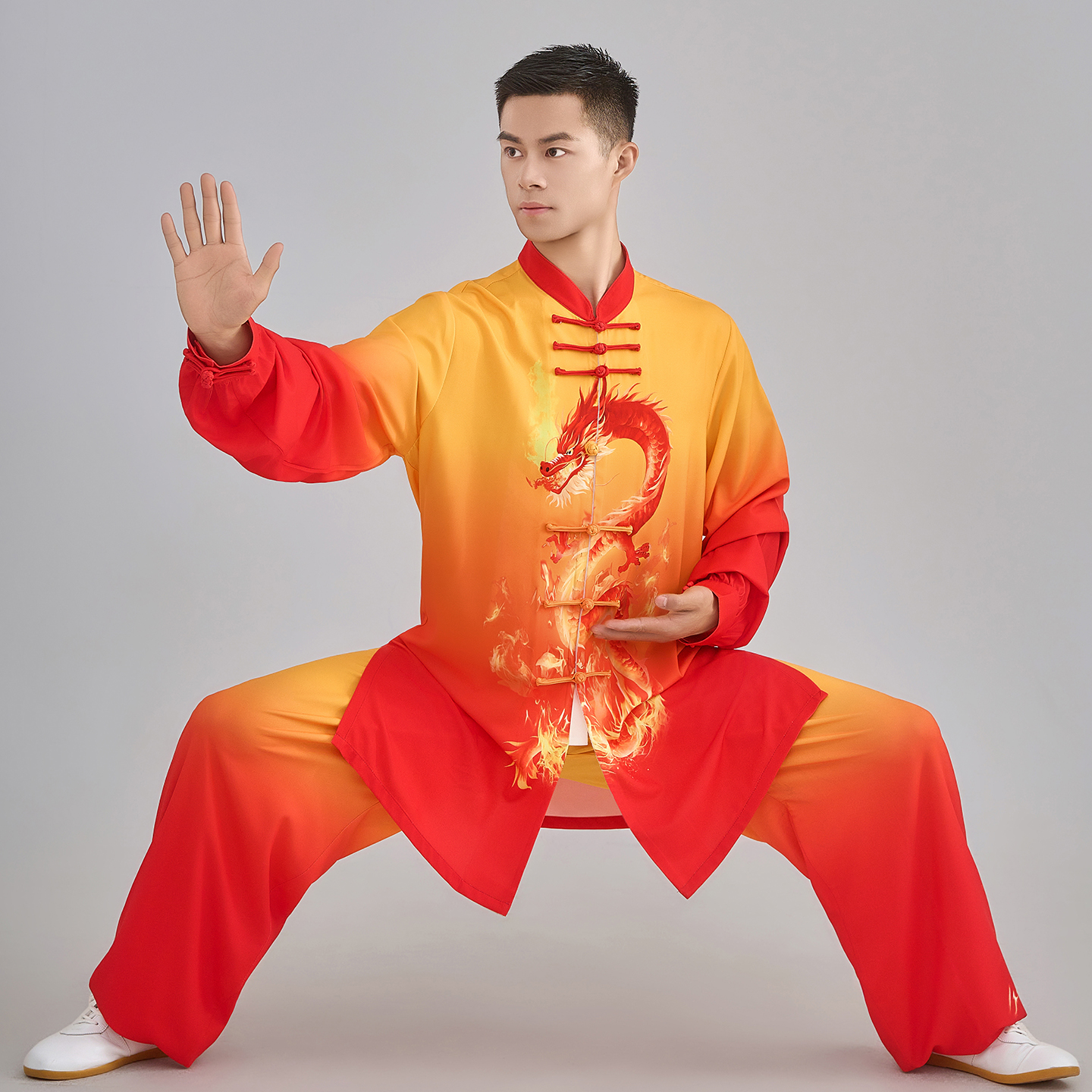 恋太极红黄渐变色太极服彩绘龙表演练功服男八段锦晨练武术比赛服