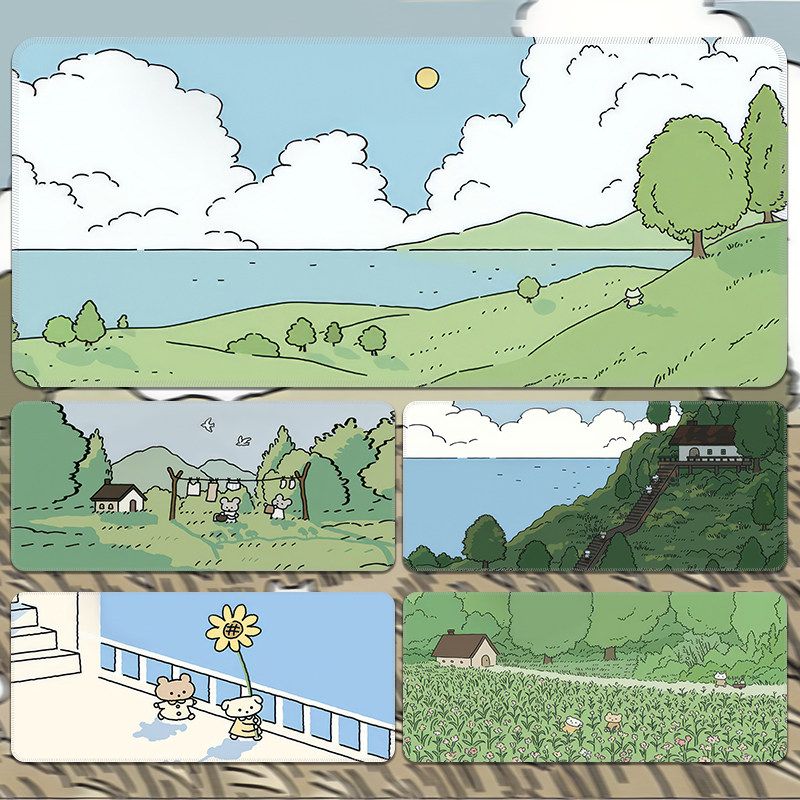 熊猫兔绿色护眼鼠标垫超大号女生小清新可爱卡通电脑键盘原色桌垫